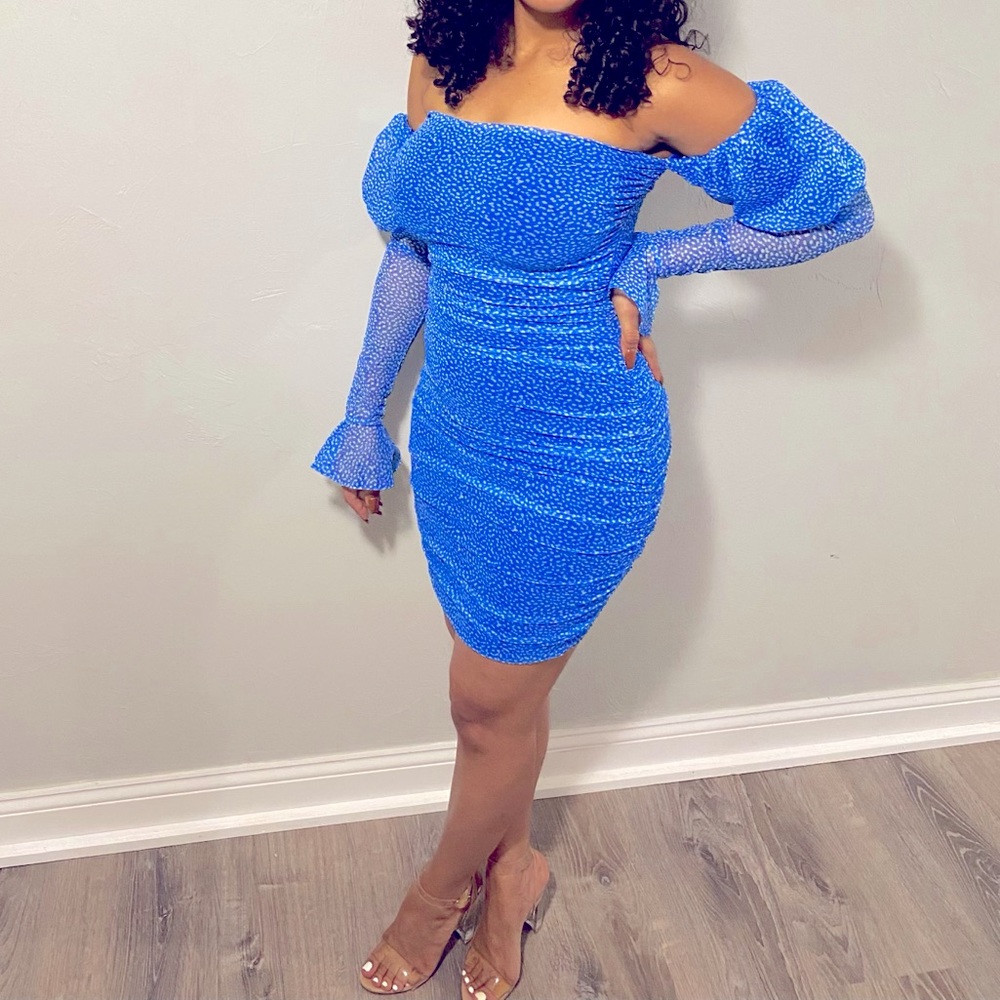 Slow Motion Bardot Puff Sleeve Mesh Mini Dress